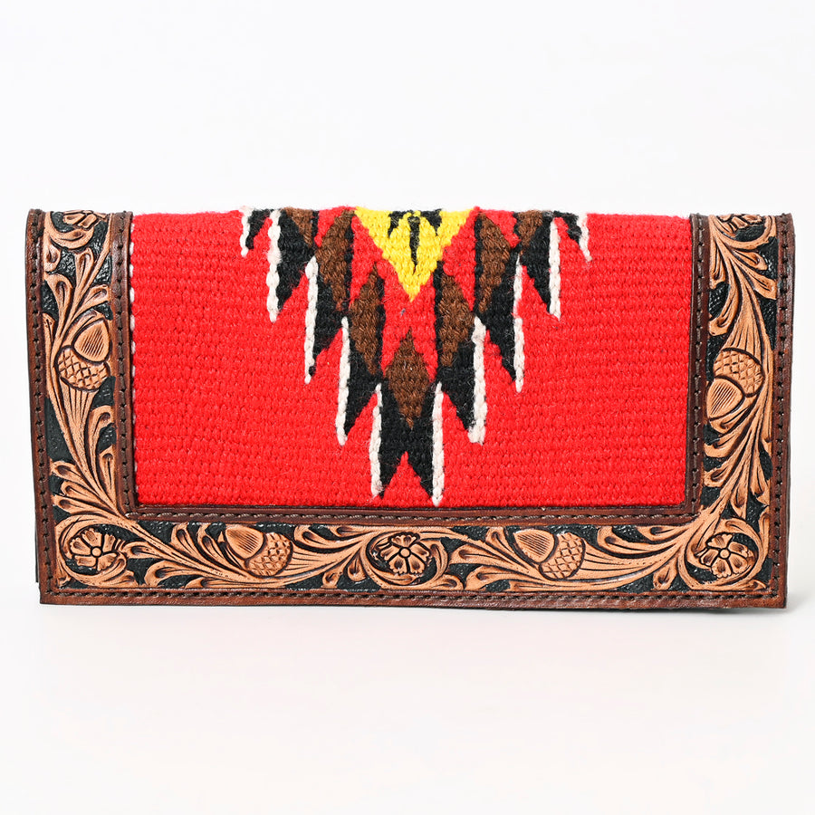 American Darling Hand Tooled Floral Carved Leather Clutch Hand-Woven Saddle Blanket Vegetable-Tanned Genuine Leather Wallet