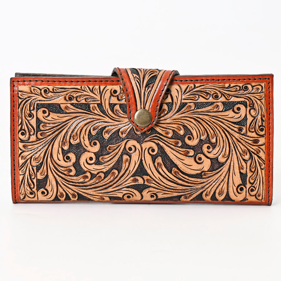 American Darling Hand Tooled Floral Carved Leather Clutch Vegetable-Tanned Genuine Leather Western Wallet YKK Zipper