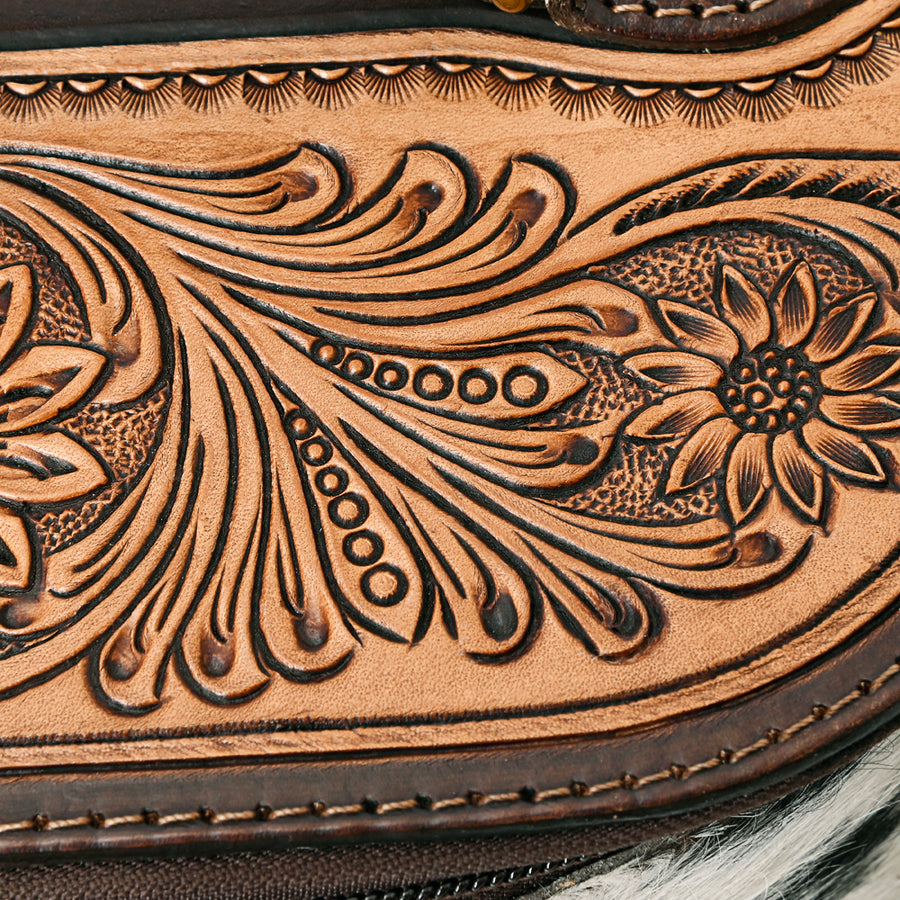 American Darling Hand Tooled Floral Carved Leather Jewelry Case Hair-On Cowhide Genuine Leather YKK Zipper Western Accessory