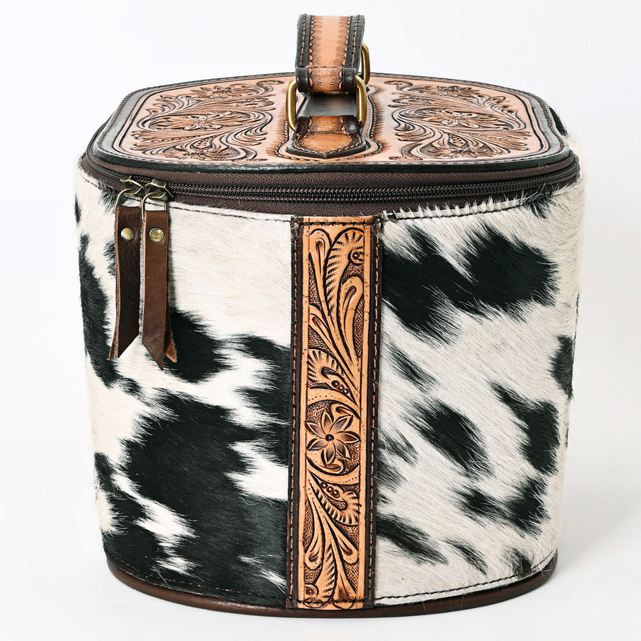 American Darling Hand Tooled Floral Carved Leather Jewelry Case Hair-On Cowhide Genuine Leather YKK Zipper Western Accessory