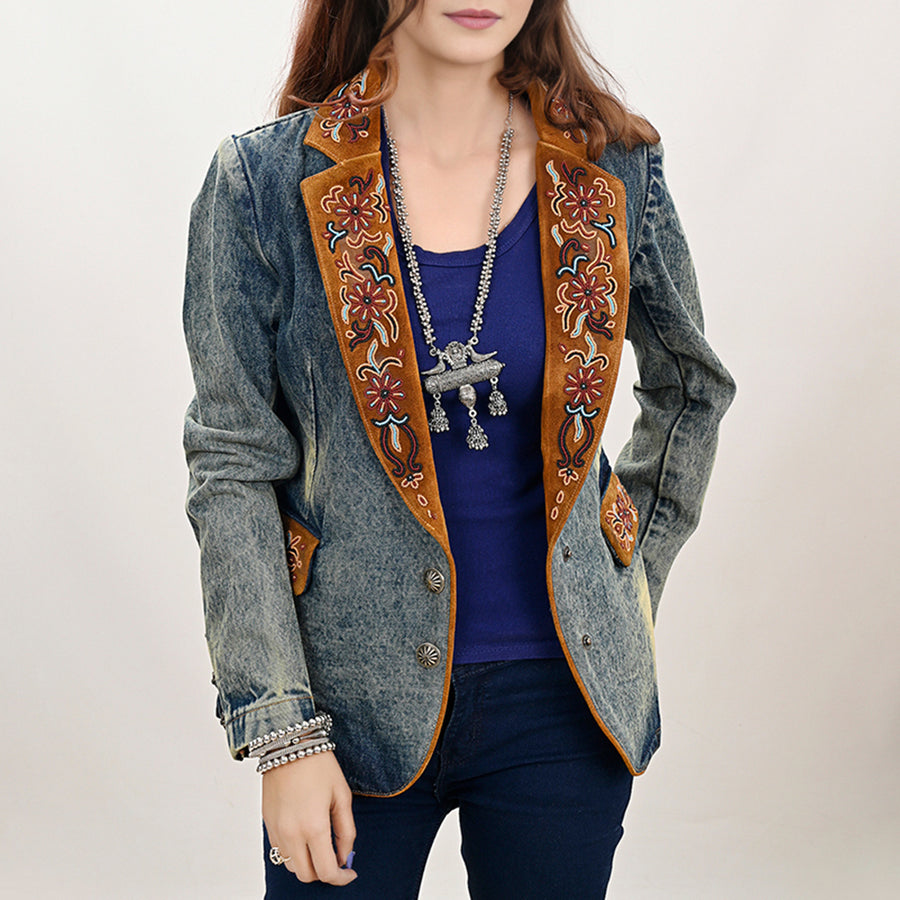 American Darling Genuine leather Hand tooled carved Women 100% cotton Denim Blazer dress jacket | Vintage