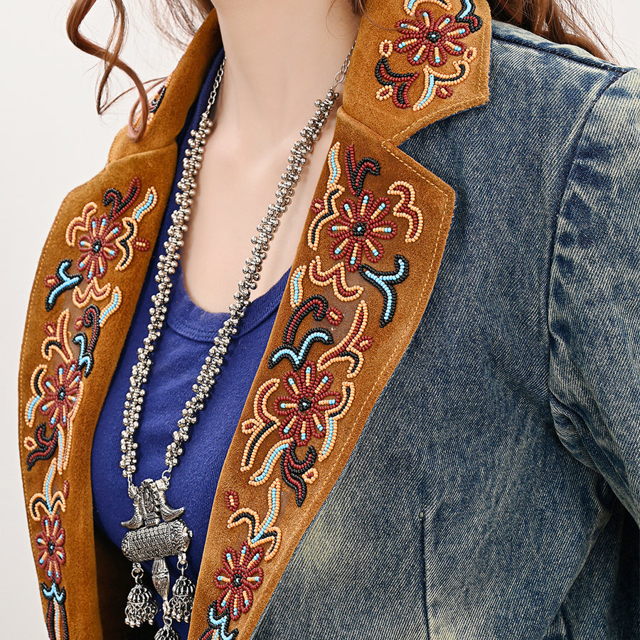 American Darling Genuine leather Hand tooled carved Women 100% cotton Denim Blazer dress jacket | Vintage