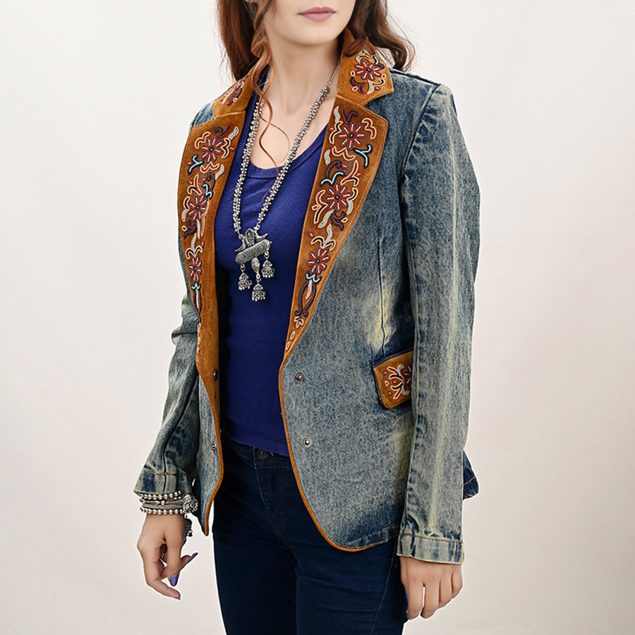 American Darling Genuine leather Hand tooled carved Women 100% cotton Denim Blazer dress jacket | Vintage