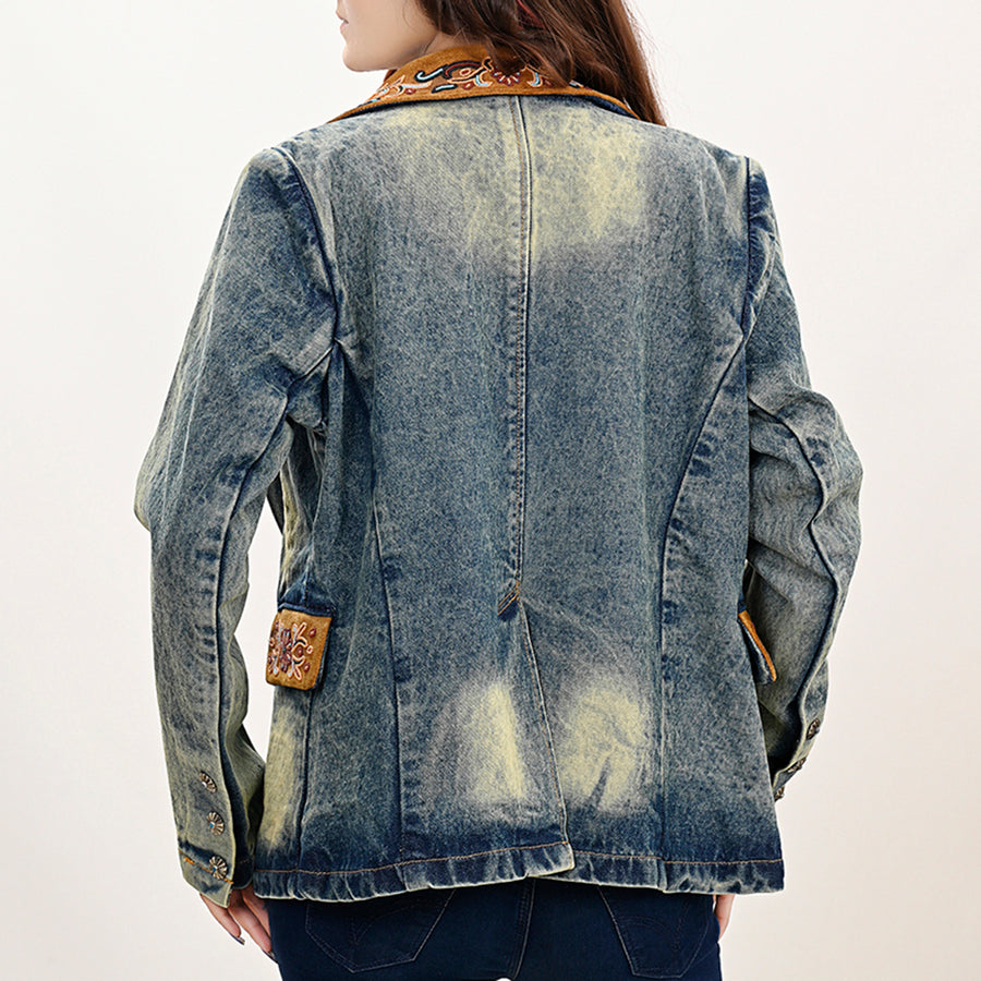 American Darling Genuine leather Hand tooled carved Women 100% cotton Denim Blazer dress jacket | Vintage
