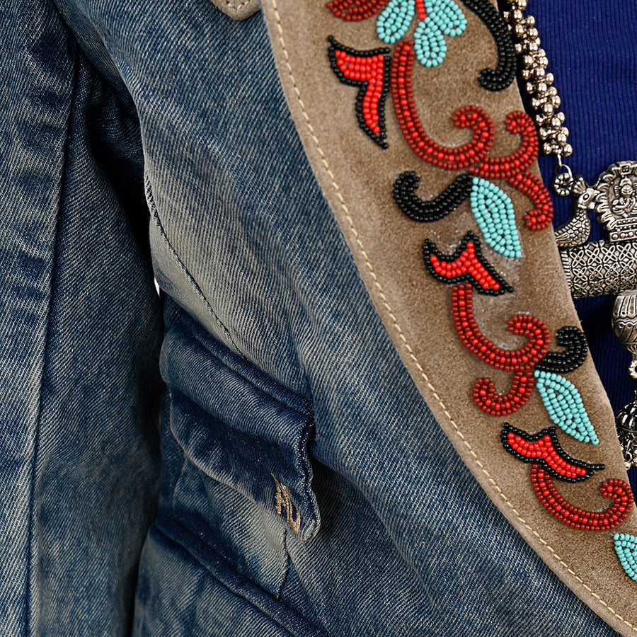 American Darling Genuine leather Hand tooled carved Women 100% cotton Denim Blazer dress jacket | Vintage