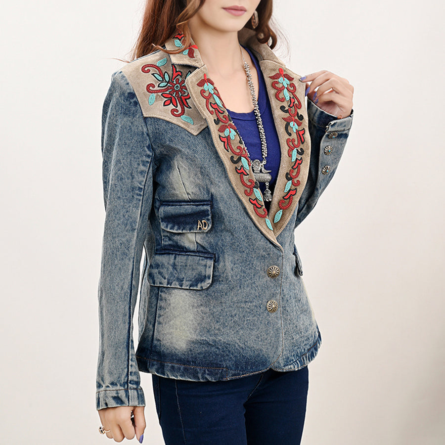 American Darling Genuine leather Hand tooled carved Women 100% cotton Denim Blazer dress jacket | Vintage