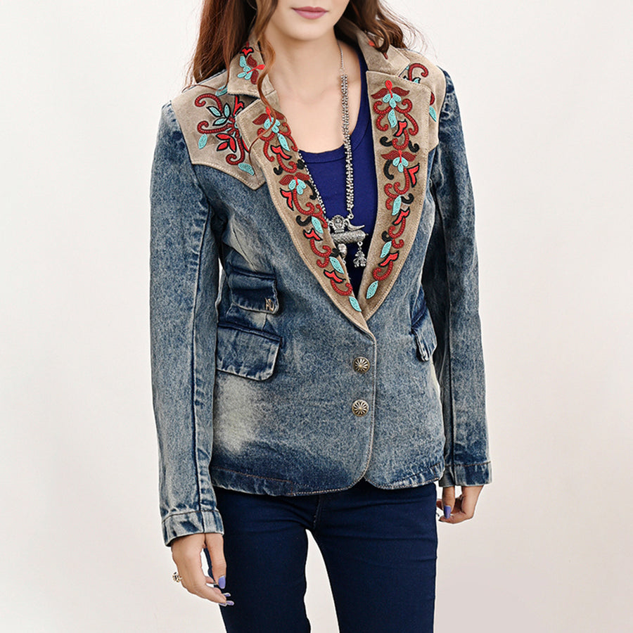 American Darling Genuine leather Hand tooled carved Women 100% cotton Denim Blazer dress jacket | Vintage