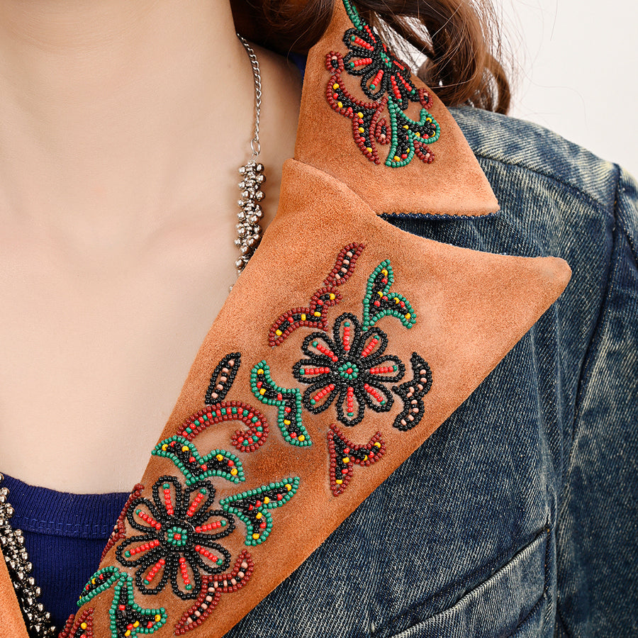 American Darling Genuine leather Hand tooled carved Women 100% cotton Denim Blazer dress jacket | Vintage