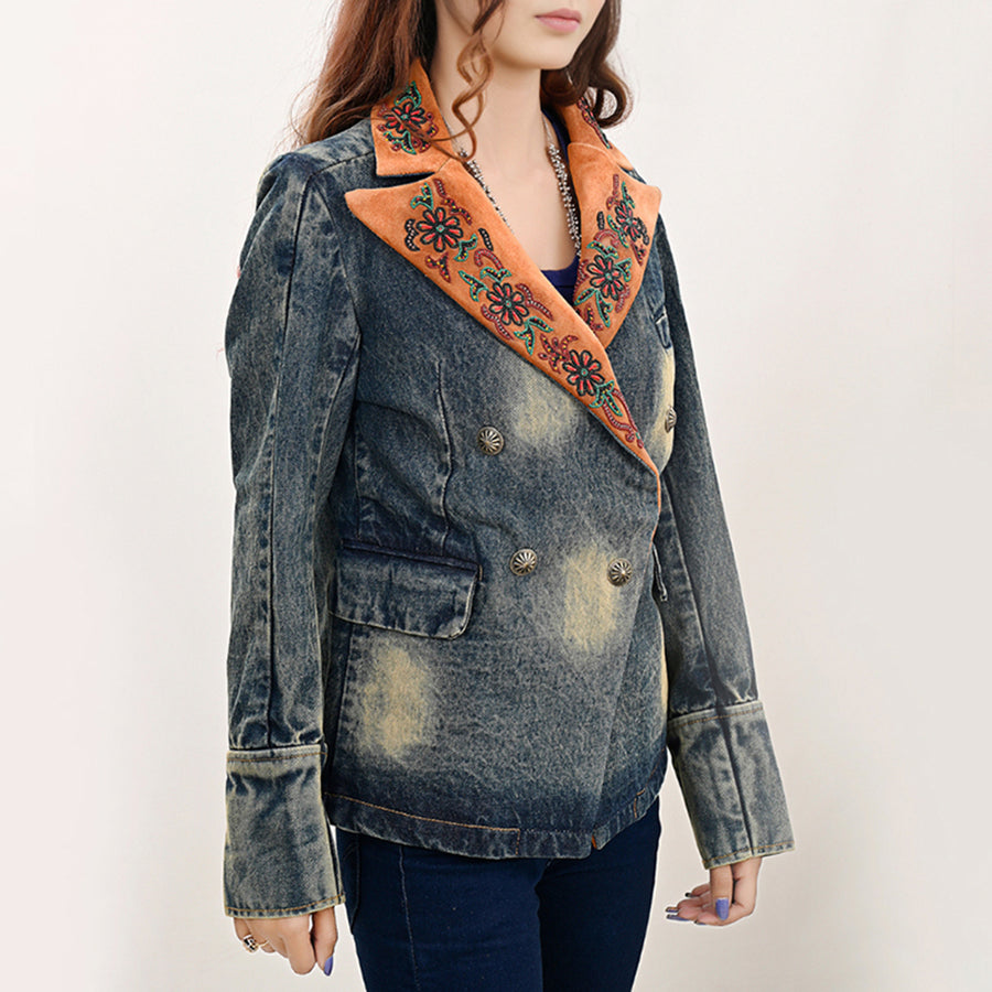 American Darling Genuine leather Hand tooled carved Women 100% cotton Denim Blazer dress jacket | Vintage