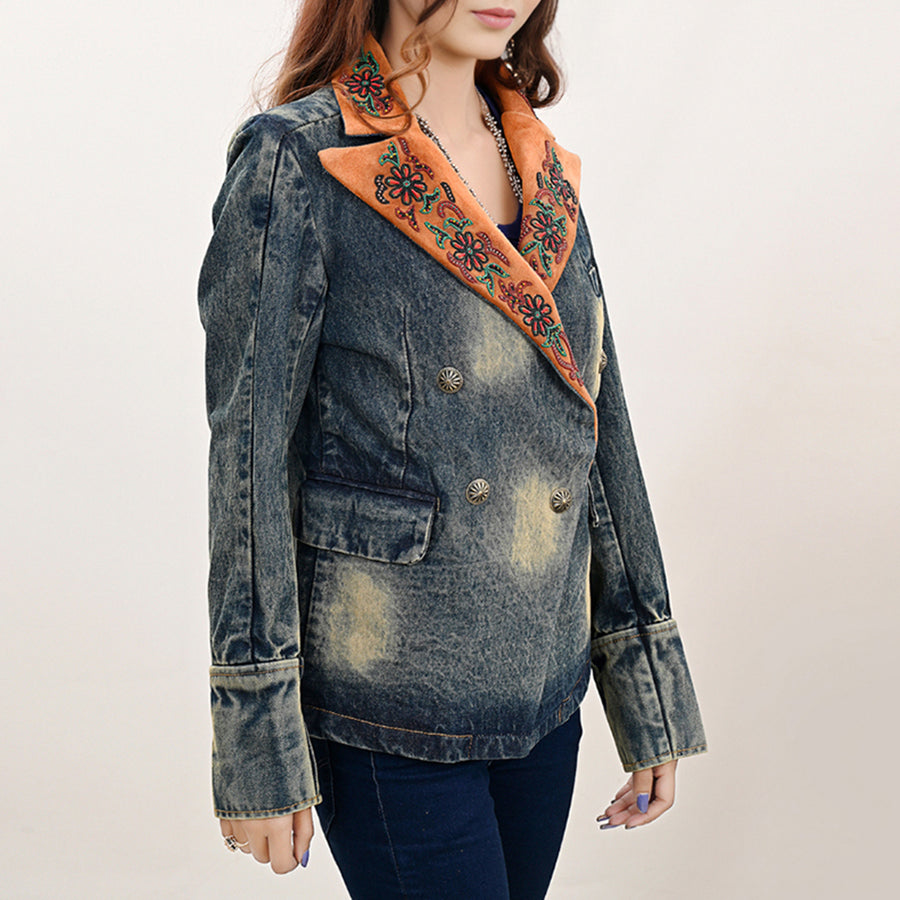 American Darling Genuine leather Hand tooled carved Women 100% cotton Denim Blazer dress jacket | Vintage