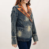 American Darling Genuine leather Hand tooled carved Women 100% cotton Denim Blazer dress jacket | Vintage