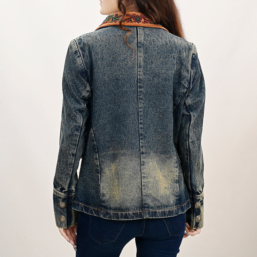 American Darling Genuine leather Hand tooled carved Women 100% cotton Denim Blazer dress jacket | Vintage