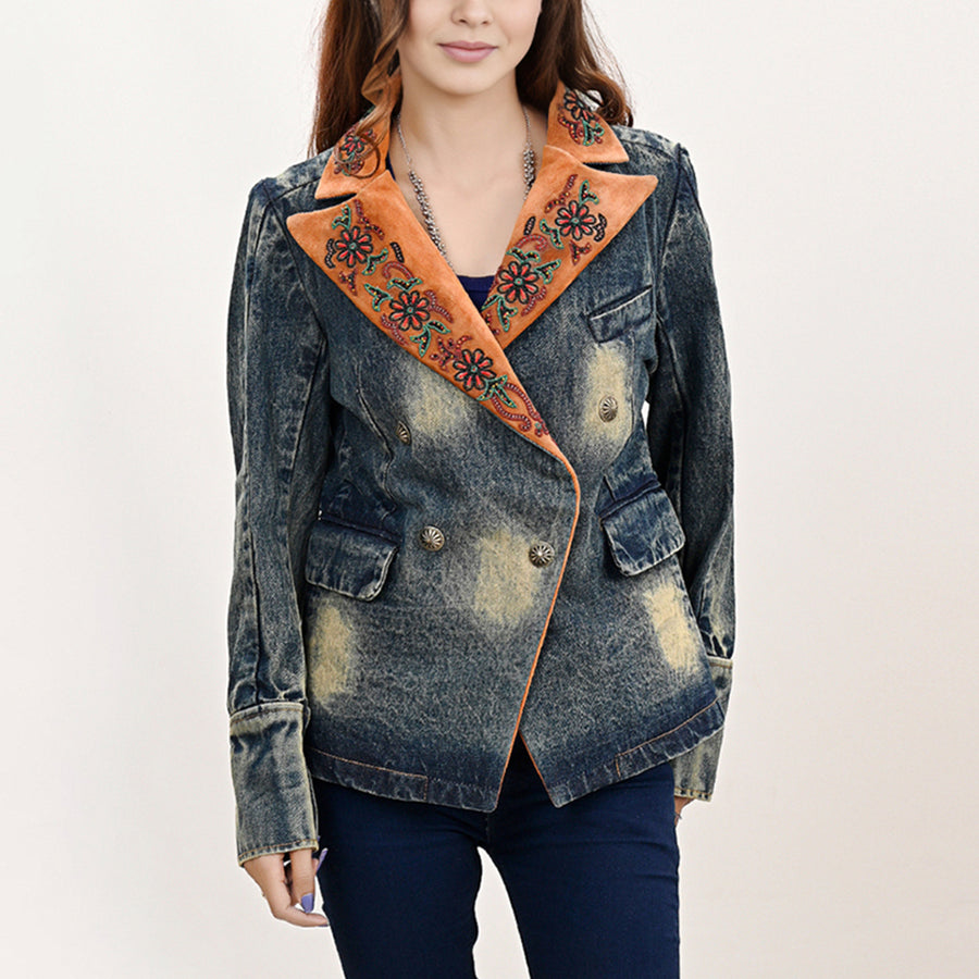 American Darling Genuine leather Hand tooled carved Women 100% cotton Denim Blazer dress jacket | Vintage