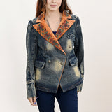 American Darling Genuine leather Hand tooled carved Women 100% cotton Denim Blazer dress jacket | Vintage