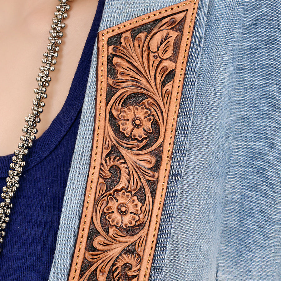 American Darling Genuine leather Hand tooled carved Women 100% cotton Denim Blazer dress jacket ladies |Vintage