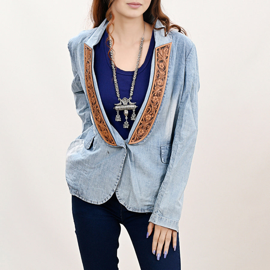 American Darling Genuine leather Hand tooled carved Women 100% cotton Denim Blazer dress jacket ladies |Vintage