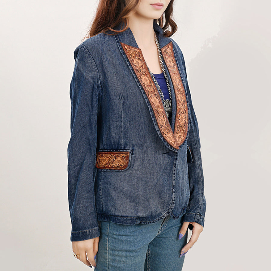 American Darling Genuine leather Hand tooled carved Women 100% cotton Denim Blazer dress jacket ladies |Vintage