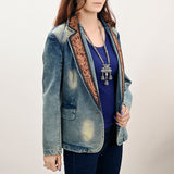 American Darling Genuine leather Hand tooled carved Women 100% cotton Denim Blazer dress jacket ladies |Vintage