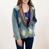American Darling Genuine leather Hand tooled carved Women 100% cotton Denim Blazer dress jacket ladies |Vintage