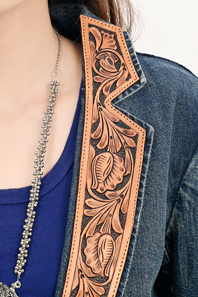 American Darling Genuine leather Hand tooled carved Women 100% cotton Denim Blazer dress jacket ladies |Vintage