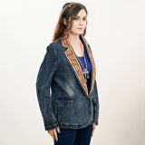 ADBZ043 Genuine leather Hand tooled hand carved Women 100% cotton Denim Blazer dress jacket ladies Girl