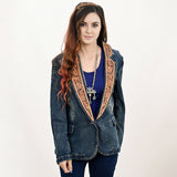 ADBZ043 Genuine leather Hand tooled hand carved Women 100% cotton Denim Blazer dress jacket ladies Girl