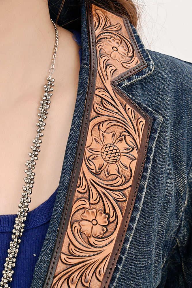 American Darling Genuine leather Hand tooled carved Women 100% cotton Denim Blazer dress jacket ladies |Vintage