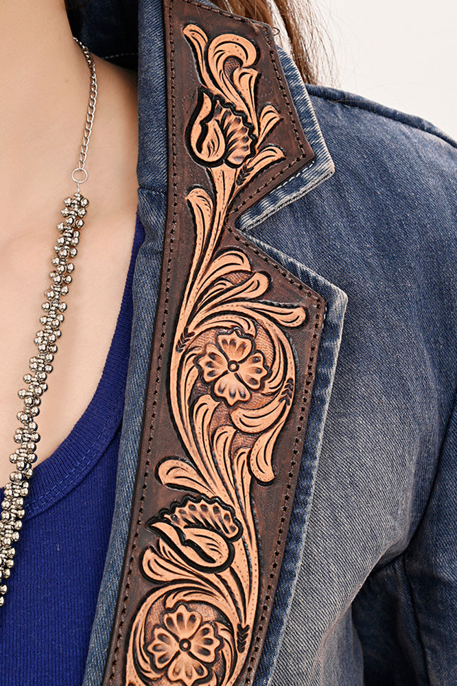 American Darling Genuine leather Hand tooled carved Women 100% cotton Denim Blazer dress jacket ladies |Vintage