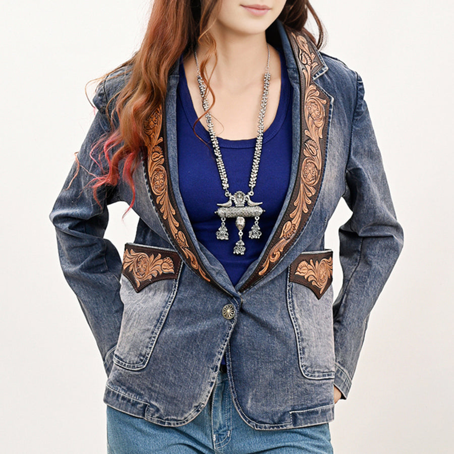 American Darling Genuine leather Hand tooled carved Women 100% cotton Denim Blazer dress jacket ladies |Vintage