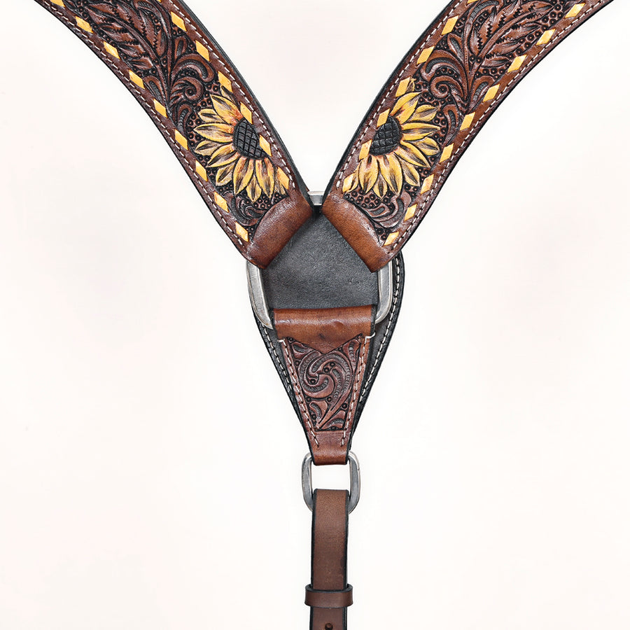 Comfytack Western Horse Floral Hand Painted Genuine Leather Breast Collar Brown