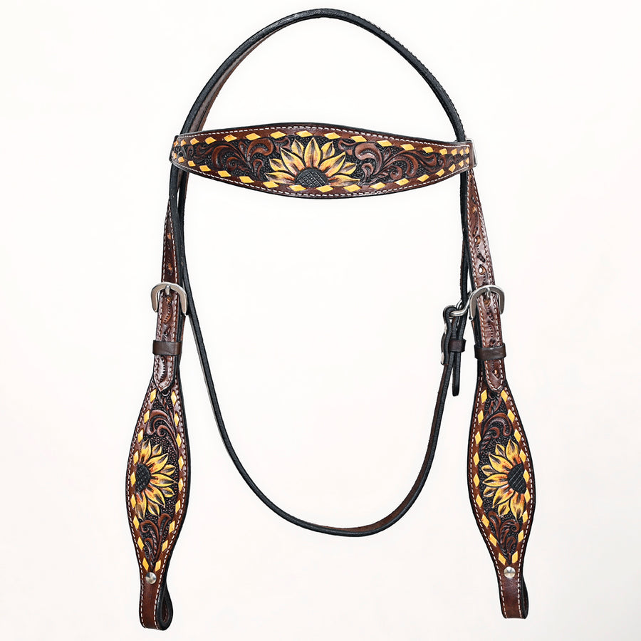 Comfytack Sunflower Hand Painted Horse Western Leather Headstall Brown