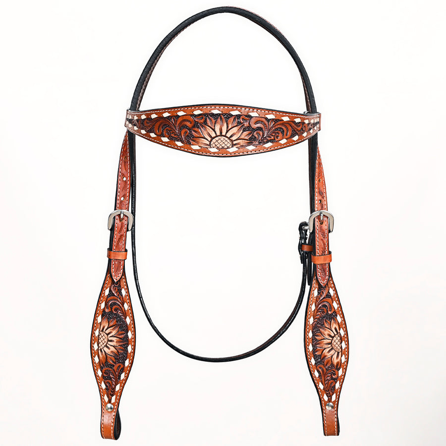 comfytack sunflower hand painted horse western leather headstall brown