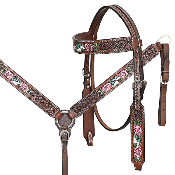 Comfytack Horse Floral Hand Painted Genuine Leather Breast Collar Headstall Brown - Uhorse