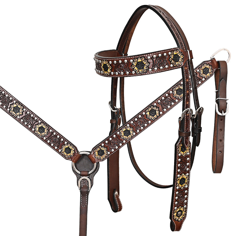 Comfytack Sunflower W. H. Leather Breast Collar & Headstall Brown – by Hilason – Cowboy and equestrian accessories