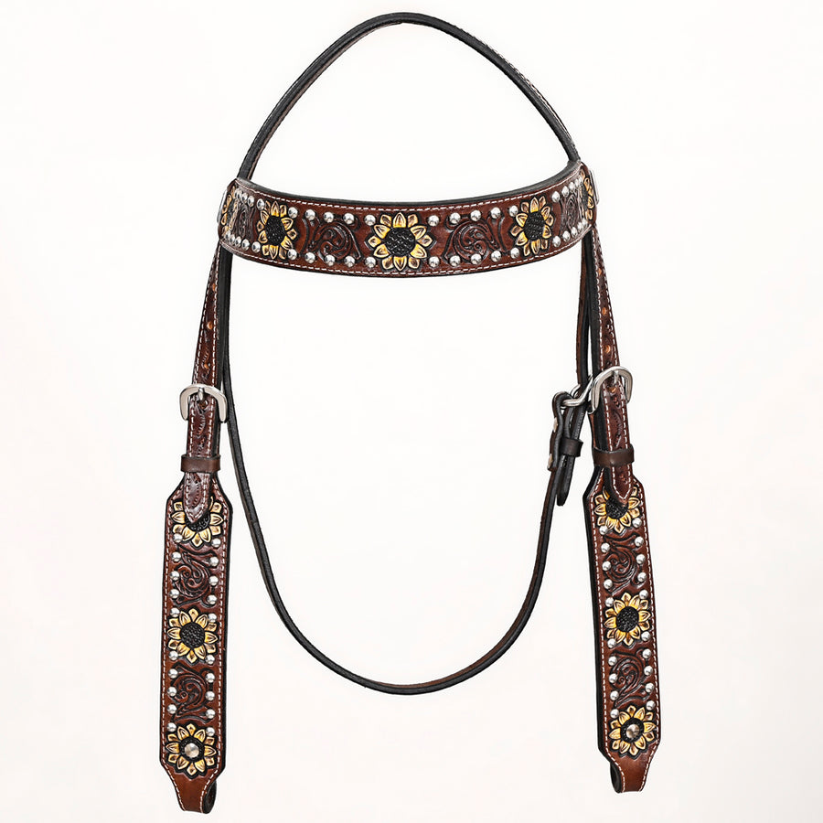 Comfytack Sunflower Hand Painted Horse Western Leather Headstall Brown