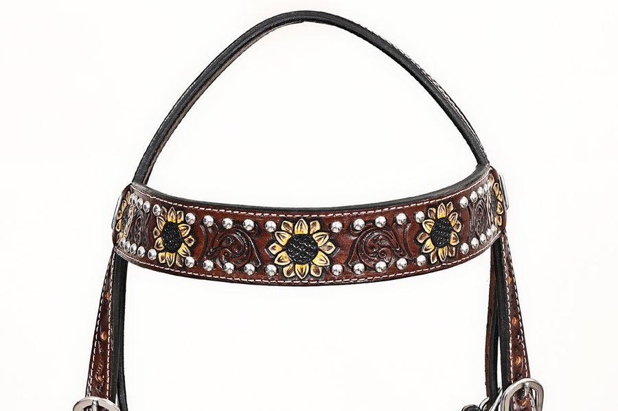 Comfytack Sunflower Hand Painted Horse Western Leather Headstall Brown