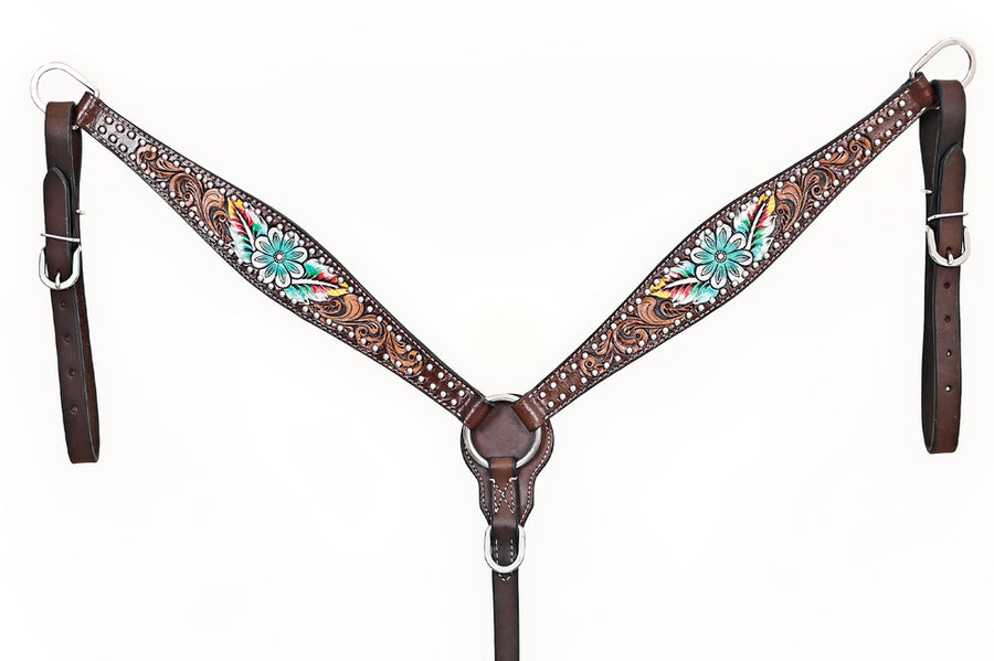 Comfytack Horse Floral Hand Painted Genuine Leather Breast Collar Headstall Brown