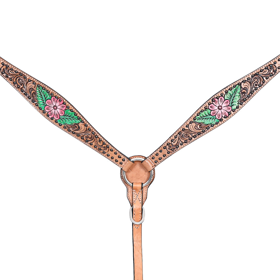 Comfytack Horse Floral Hand Painted Genuine Leather Breast Collar Headstall Tan