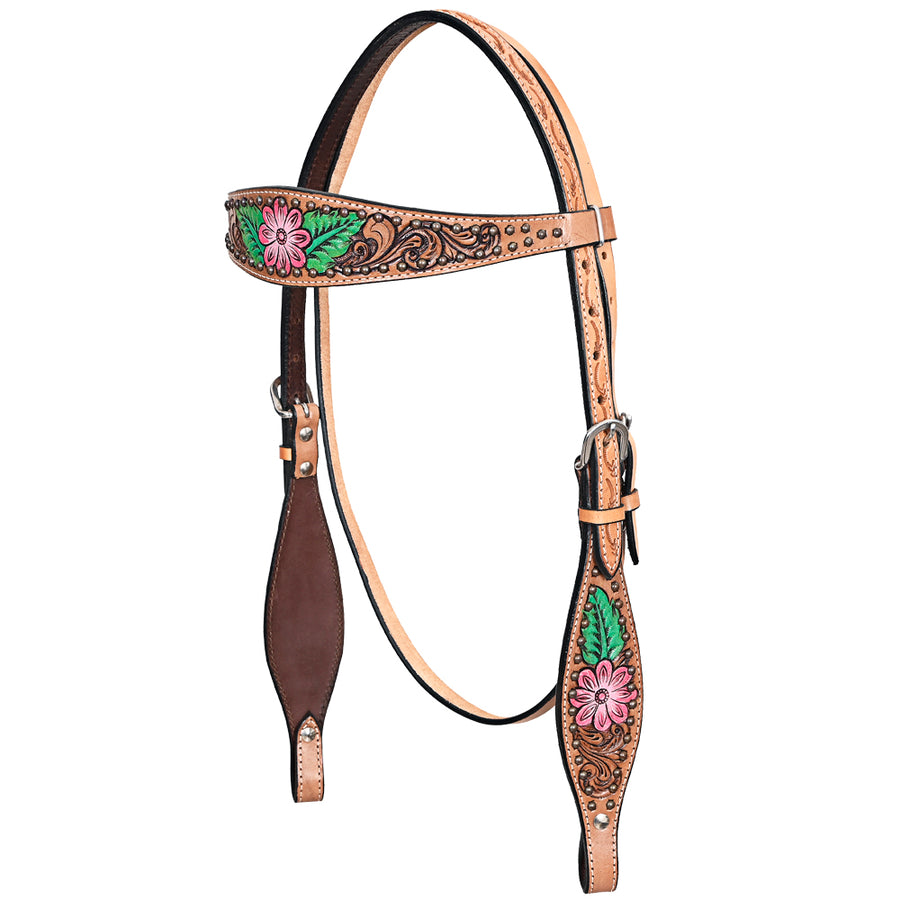 Comfytack H. Floral Hand Painted Genuine Leather Headstall Tan – by Hilason – Cowboy and equestrian accessories