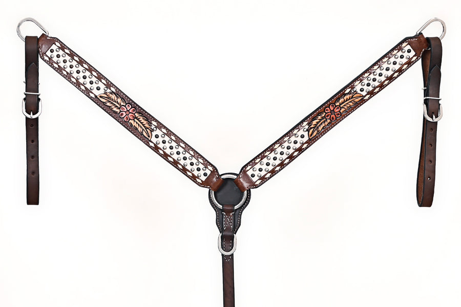 Comfytack Horse Floral Hand Painted Genuine Leather Breast Collar Headstall Brown