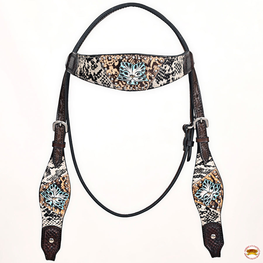 HILASON Western Horse Floral Snake Print Headstall Breast Collar Set Leather Brown | Tack for Horses