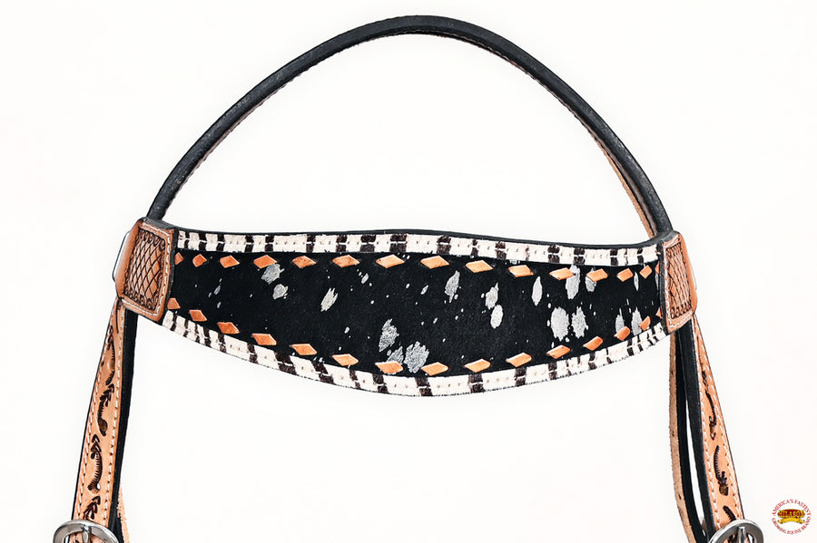 HILASON Western Horse Floral Headstall Breast Collar Set Hair-On Leather Tan with Black | Tack for Horses
