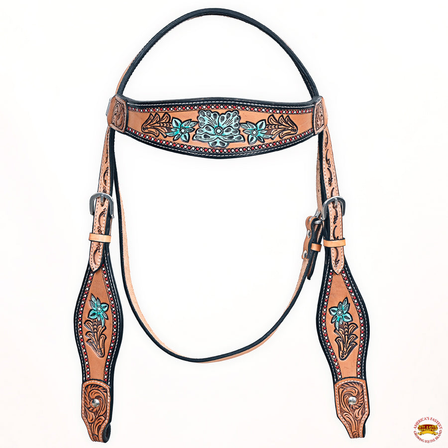 HILASON Western Horse Floral Headstall Breast Collar Set American Leather Tan with Turquoise | Tack for Horses