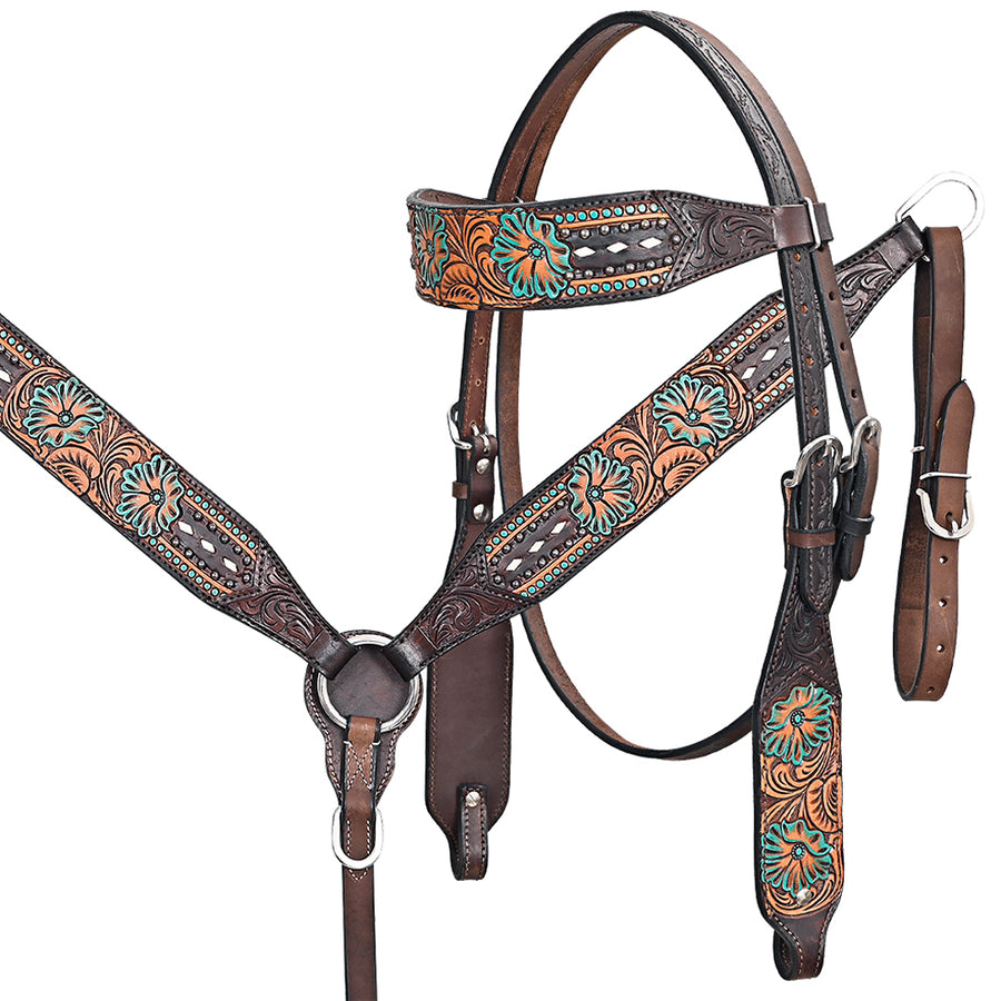Showman Tooled Leather Headstall & Breast Collar Set W/Cut Out Crosses