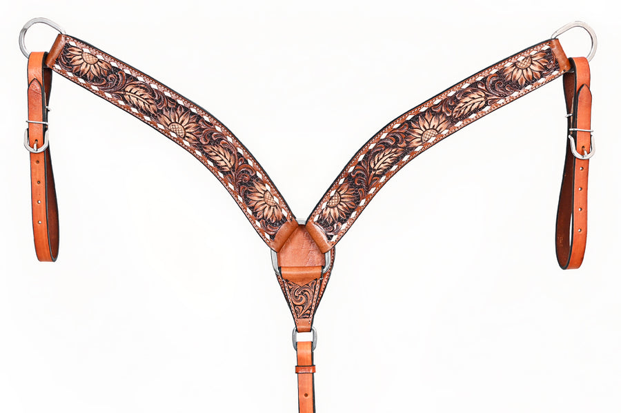 Comfytack Horse Floral Hand Painted Genuine Leather Breast Collar Headstall Brown