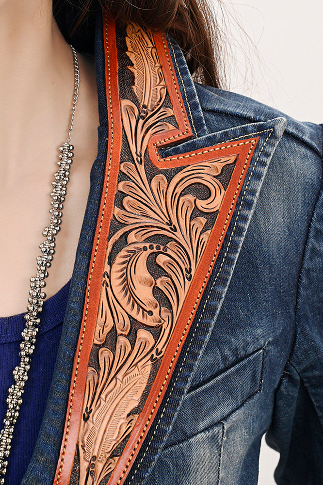 American Darling Genuine leather Hand tooled carved Women 100% cotton Denim Blazer dress jacket ladies |Vintage