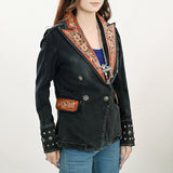 ADBZ048 Genuine leather Hand tooled hand carved Women 100% cotton Denim Blazer dress jacket ladies Girl
