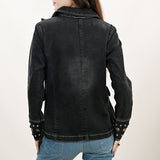 ADBZ048 Genuine leather Hand tooled hand carved Women 100% cotton Denim Blazer dress jacket ladies Girl