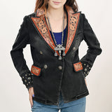 ADBZ048 Genuine leather Hand tooled hand carved Women 100% cotton Denim Blazer dress jacket ladies Girl