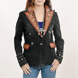 ADBZ048 Genuine leather Hand tooled hand carved Women 100% cotton Denim Blazer dress jacket ladies Girl